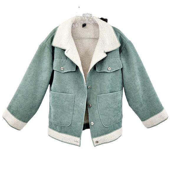 Shein Green Sherpa Lined Trim Corduroy Full Button Up Jacket Women's Size S - Picture 1 of 7